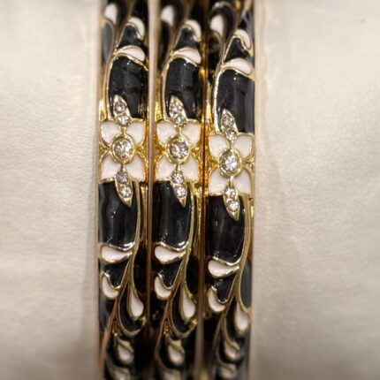 Black & Ivory Floral Enamel Bangle – Adjustable Anti-Tarnish Bracelet